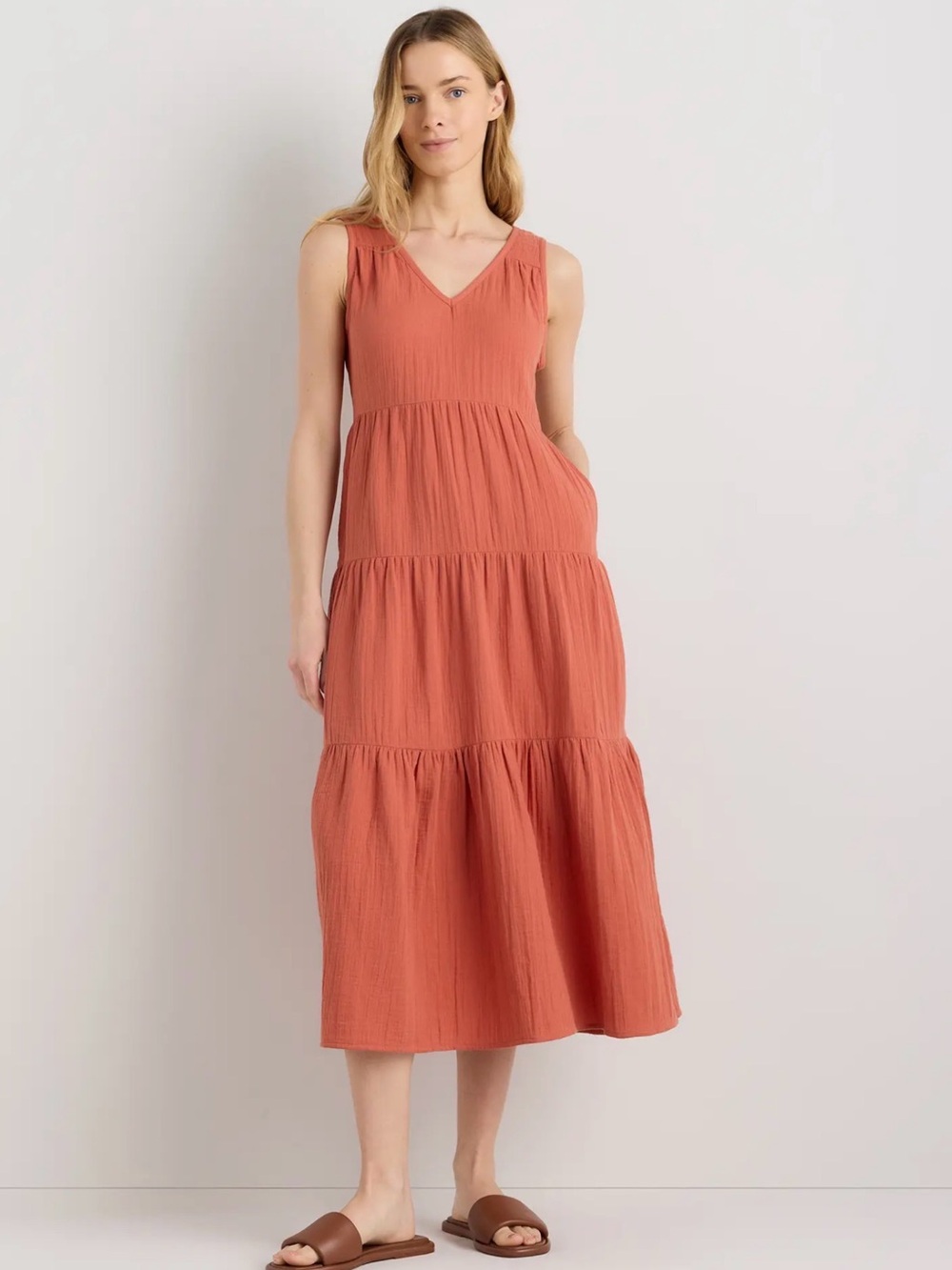 Quince 100% Organic Cotton Gauze Tiered Maxi Dress in spiced orange Sz M NWT